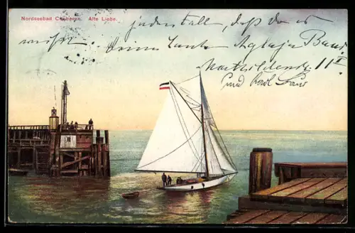 AK Cuxhaven, Nordseebad, Alte Liebe mit Segelboot