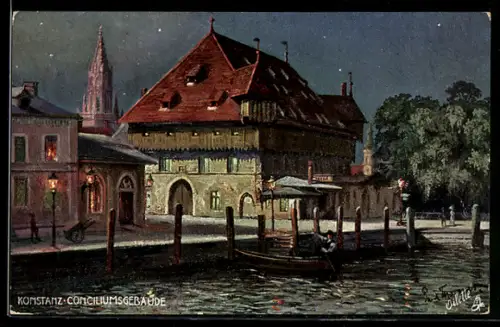 Künstler-AK Konstanz, Conciliumsgebäude bei Nacht