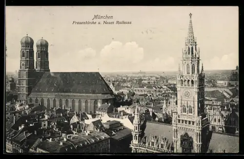 AK München, Frauenkirche und Neues Rathaus