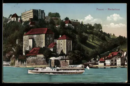 AK Passau, Niederhaus mit Dampfer