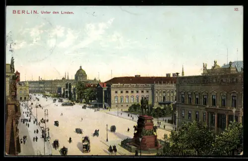 AK Berlin, Unter den Linden mit Denkmal und Strassenbahn