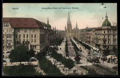 AK Berlin-Schöneberg, Wittenberg-Platz mit Tauenzien-Strasse und Strassenbahn, Im Hintergrund Gedächtniskirche