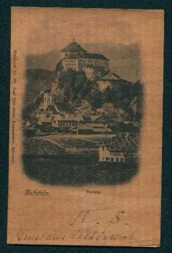 Holzbrand-Imitations-AK Kufstein, Blick zur Festung