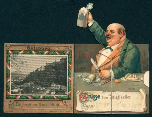 mechanische-AK Salzburg, Blick zum Ort, beleibter Herr prostet mit Bierkrug aus dem Gasthaus Stieglkeller zu