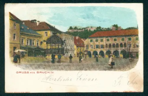 Glitzer-Perl-AK Bruck a. M., Platzansicht mit Glitzer-Perlen