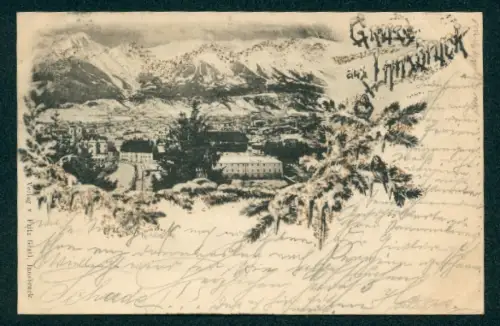 Glitzer-Perl-AK Innsbruck, Teilansicht mit Bergen im Winter mit Glitzer-Perlen