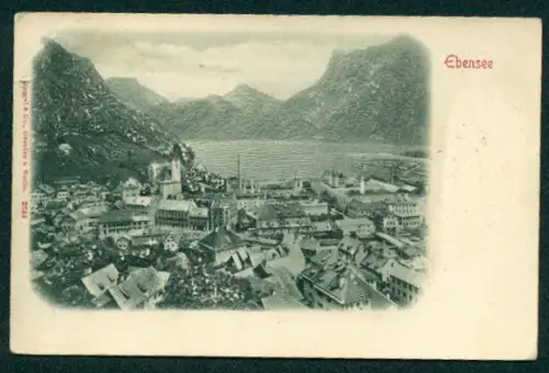 Relief-AK Ebensee, Ortsansicht mit See und Bergen