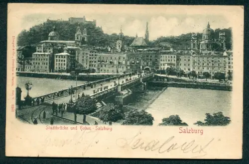 Relief-AK Salzburg, Stadtbrücke mit Hohen-Salzburg