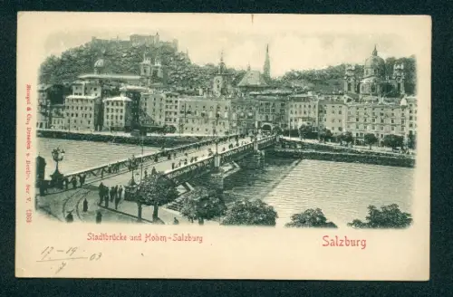 Relief-AK Salzburg, Blick zur Stadtbrücke mit Hohen-Salzburg