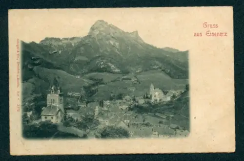 Relief-AK Eisenerz, Kirche mit Bergpanorama