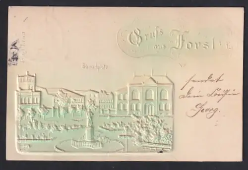 Relief-AK Forst i. L., Bismarckplatz mit Standbild Fürst Bismarcks