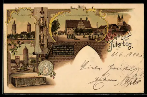Lithographie Jüterbog, Rathaus mit Kriegerdenkmal, Nicolaikirche und Stadttürme