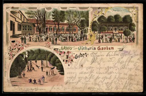 Lithographie Guben, Gasthof Victoria Garten, Musikhalle, Aussenbereich und Kinderspielplatz