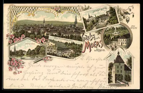 Lithographie Moers a. Rhein, Hotel Zum deutschen Haus, Hotel Königl. Hof, Schloss, Stadtgraben, Steinthor-Brücke