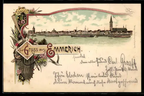 Lithographie Emmerich a. Rhein, Ortspartie vom Wasser aus gesehen, Lastenkähne auf dem Rhein