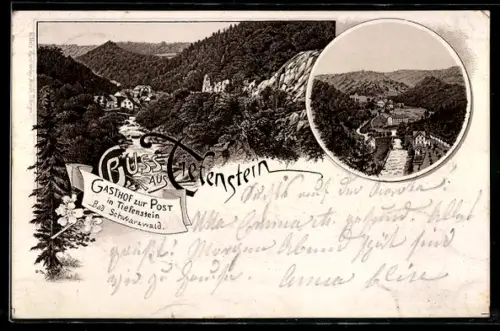 Lithographie Tiefenstein /Bad Schwarzwald, Gasthof zur Post und Talansicht