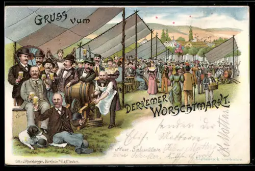 Lithographie Dürkheim, Derkemer Worschtmarkt, trinkende Männer am Fass