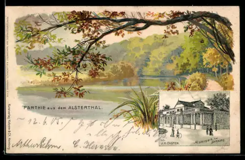 Lithographie Hamburg-Wellingsbüttel, Gasthaus Alsterhöhe, Partie aus dem Alsterthal