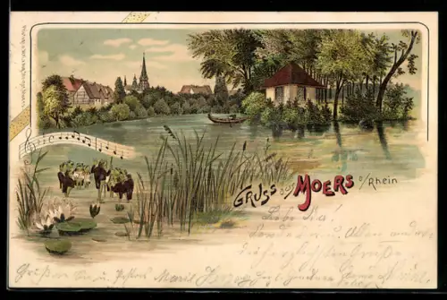 Lithographie Moers, Ortsansicht mit Kirche und Rheinarm, Froschkapelle