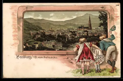 Passepartout-Lithographie Freiburg, Kinder blicken vom Hebsack auf die Stadt