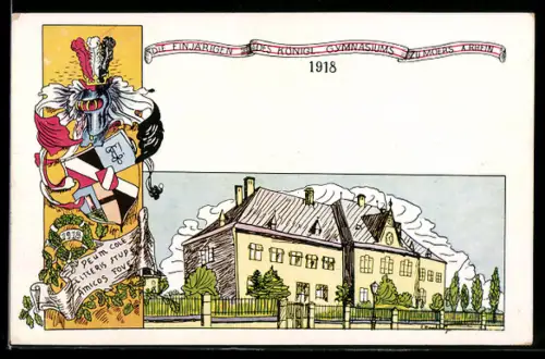 AK Moers, Absolvia Die Einjährigen des Königl. Gymnasiums 1918, Schulhaus & Studentenwappen