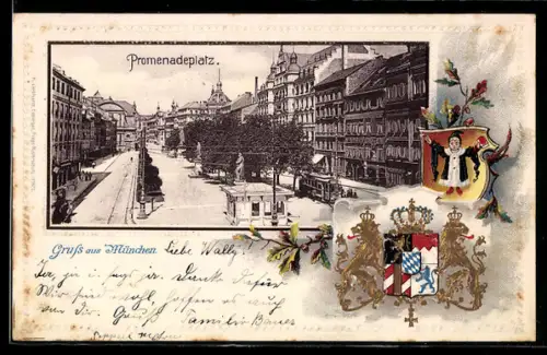 Passepartout-Lithographie München, Partie am Promenadenplatz, Strassenbahn, Wappen