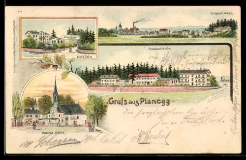 Lithographie Planegg, Restaurant W. Volm, Panorama des Ortes, Maria Eich