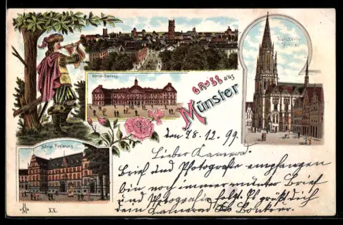 Goldfenster-Lithographie Münster, Lambertikirche, Königl. Schloss, Kgl. Regierung mit leuchtenden Fenstern