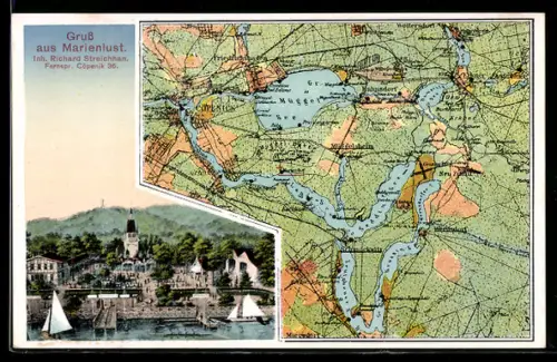 AK Berlin-Köpenick, Blick auf das Gasthaus Marienlust, Landkarte von Köpenick und Umgebung