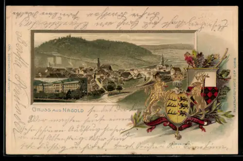 Passepartout-Lithographie Nagold, Schloss, Ortsansicht aus der Vogelschau, Wappen