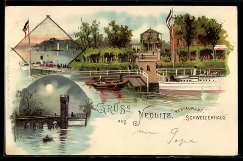 Lithographie Nedlitz / Potsdam, Restaurant Schweizerhaus, Brücke, Uferpartie