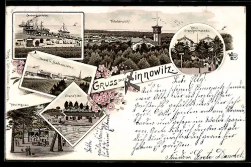 Lithographie Zinnowitz, Strand-Hotel, Hotel Wigwam, Landungsbrücke