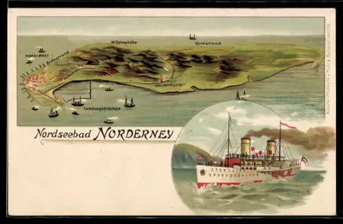 Lithographie Norderney, Dampfer, Leuchtturm, Nordstrand, Wilhelmshöhe