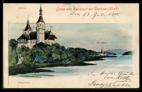 AK Storkow /Mark, Gasthof Karlslust, Schloss und Forsthaus am Dolgensee