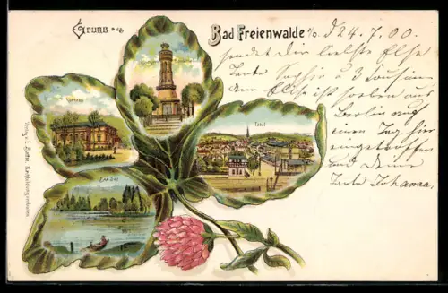 Passepartout-Lithographie Bad Freienwalde, Kurhaus, Krieger-Denkmal, Baa-See, Kleeblatt-Passepartout