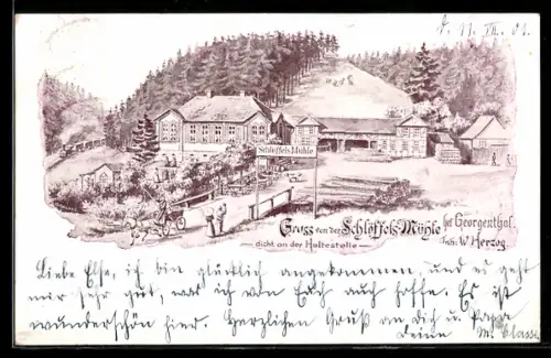 Lithographie Georgenthal, Gasthaus Schlöffels Mühle