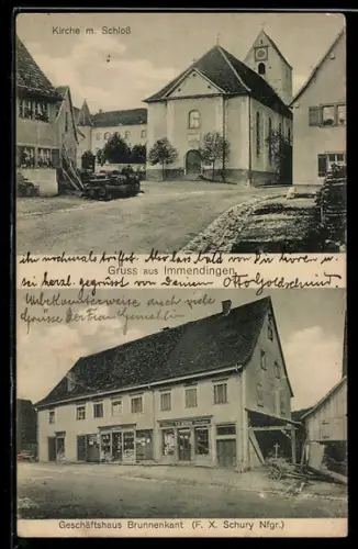 AK Immendingen, Geschäftshaus Brunnenkant, Kirche mit Schloss