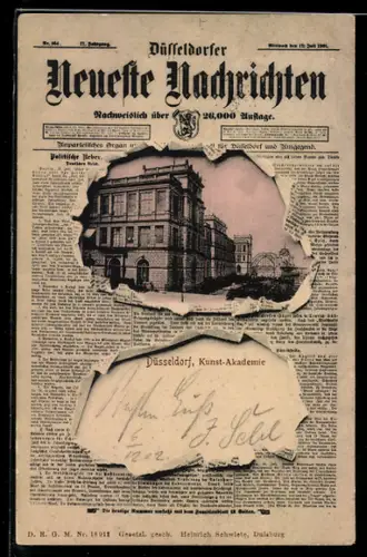 Zeitungs-AK Düsseldorf, Kunst-Akademie und Zeitung Düsseldorfer Neueste Nachrichten von 1901