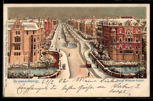 Winter-Lithographie Braunschweig, Ansicht der Kaiser Wilhelm-Strasse mit Wohngebäuden