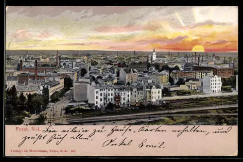 AK Forst /N.-L., Totalansicht der Stadt bei Sonnenaufgang