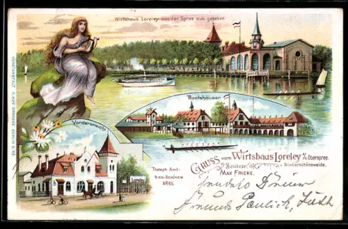 Lithographie Berlin-Niederschöneweide, Gasthaus Loreley, Bootshäuser