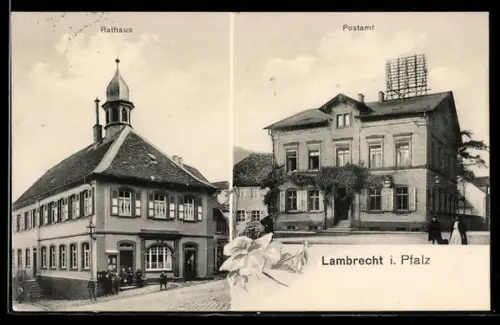 AK Lambrecht i. Pfalz, Rathaus mit Strasse, Postamt