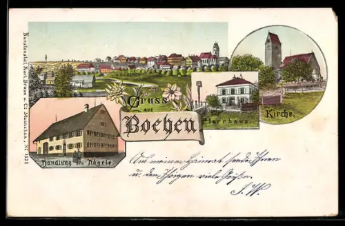 AK Böhen, Handlung Nägele, Pfarrhaus, Kirche, Totalansicht vom Ort