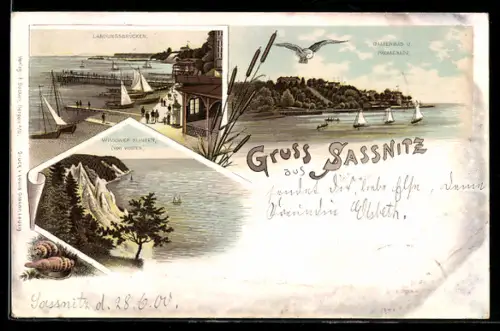 Lithographie Sassnitz, Landungsbrücken, Damenbad u. Promenade, Wissower Klinken von Westen, Muscheln, Möwe