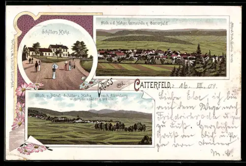 Lithographie Catterfeld, Gasthaus Schillers Höhe, Blick nach Altenberg und den Inselsberg, Blick von der Hohen Gemeinde