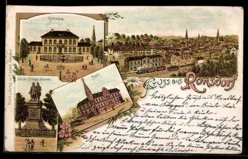 Lithographie Ronsdorf, Rathaus, Post, Kaiser-Krieger-Denkmal