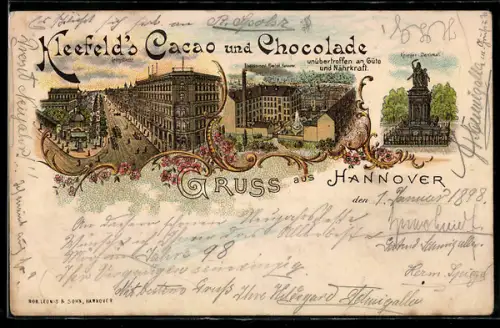 Lithographie Hannover, Blick in die Georgstrasse, Krieger-Denkmal, Kleefeld`s Kakao und Schokolade
