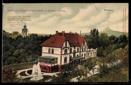 AK Zörbig, Ansicht vom Bade- und Kurhaus, Fernblick auf den Petersberg