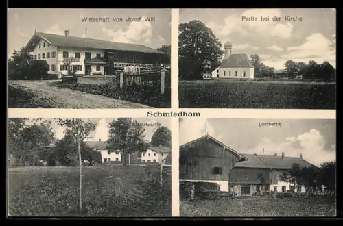 AK Schmiedham, Geschäft von Josef Will, Partie bei der Kirche und im Dorf