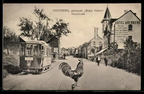 AK Arenberg, genannt Roter Hahn, Hauptstrasse mit Hotel Arenberg, und Strassenbahn